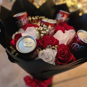 Dr Pepper Bouquet with Red and White Roses